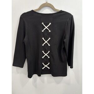 E.L.I. Black Top Medium Pima Cotton Lace Up Back 3/4 Sleeve Stretch Shirt